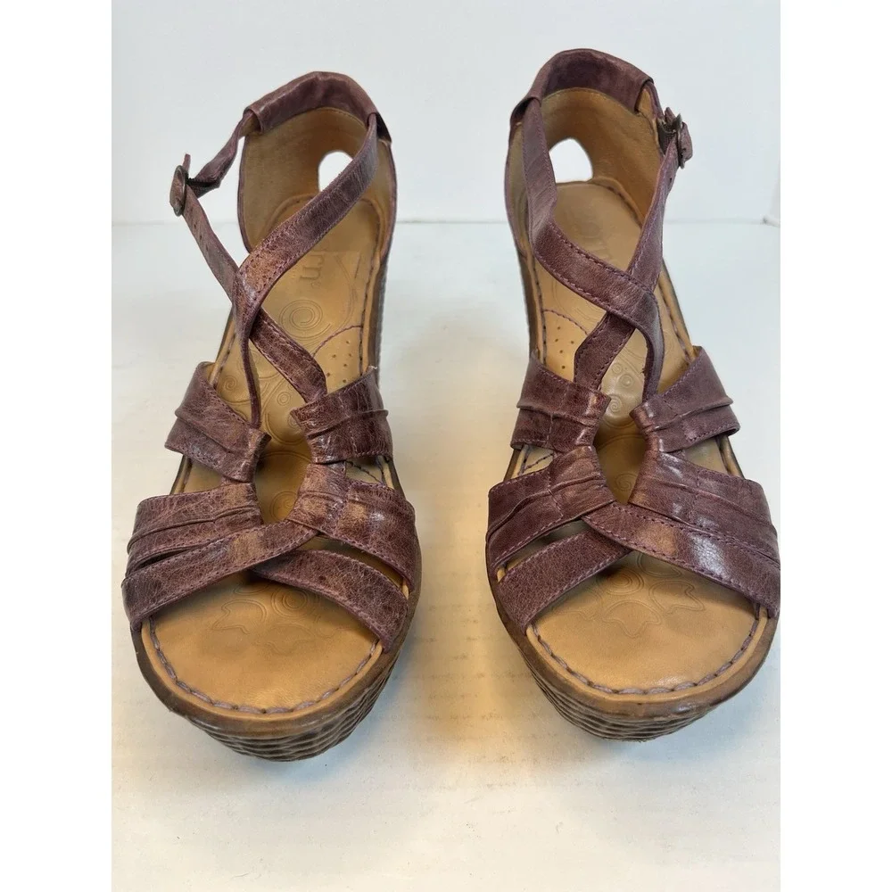 Born Leather Wedge Sandals Size 10 Woven Texture Heels Purple Strappy Shoes